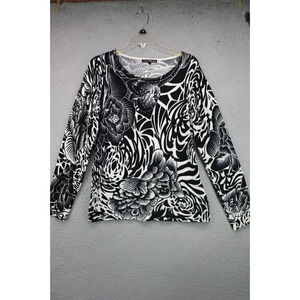 Pierri New York Black and White Floral Sweater-Size Large-Beaded-Sequins-Artsy
